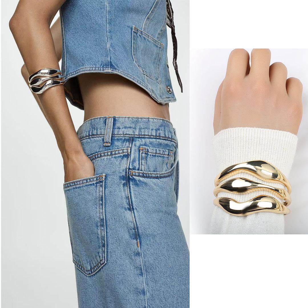 ZA NICHE GLOSSY THREE-LAYER IRREGULAR PERSONALITY OPENING COLD WIND HOLLOW WAVE BRACELET TWIST SENIOR BRACELET FEMALE