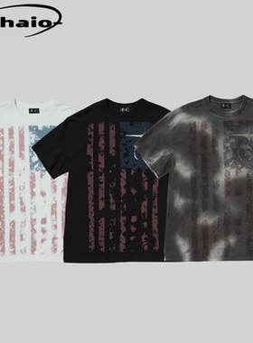 Thug Club 25ss 复古做旧脏染褪色星月国旗印花短袖tee 宽松 韩