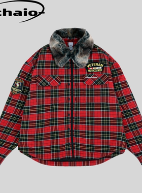 Protocol Index 25fw 法兰绒可拆卸毛领格纹夹棉夹克廓形棉服外套