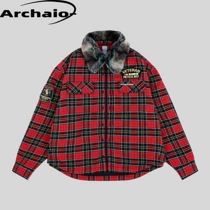 Protocol Index 25fw 法兰绒可拆卸毛领格纹夹棉夹克廓形棉服外套