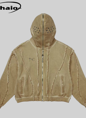 Thug Club 24ss 银饰蒙面毛边破坏拉链外套裁剪金属面具Boxy帽衫