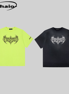 Grailz ProjectGR 23ss 梵文字母短袖破坏做旧水洗宽松tee韩小众