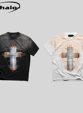 Racer Worldwide 25ss 水洗做旧渐变落色十字铁锈荆棘印花短袖tee