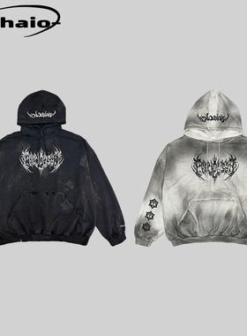 Grailz ProjectGR 23fw梵文刺绣脏染做旧破坏连帽卫衣帽衫宽松os