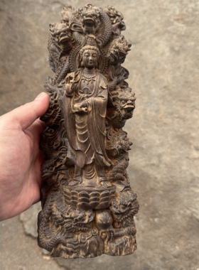 越南沉香木雕刻摆件九龙观音菩萨摆件实木雕刻工艺品家居装饰品