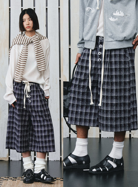 不路牌 渐蓝格起球格纹直筒七分短裤