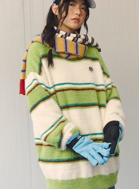 PROS BY CH仿貂毛条纹毛衣男情侣慵懒风古着vintage秋冬季针织衫