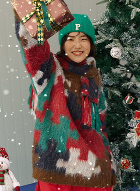 PROS BY CH新年限定拼图仿马海毛毛衣男女情侣针织衫古着vintage