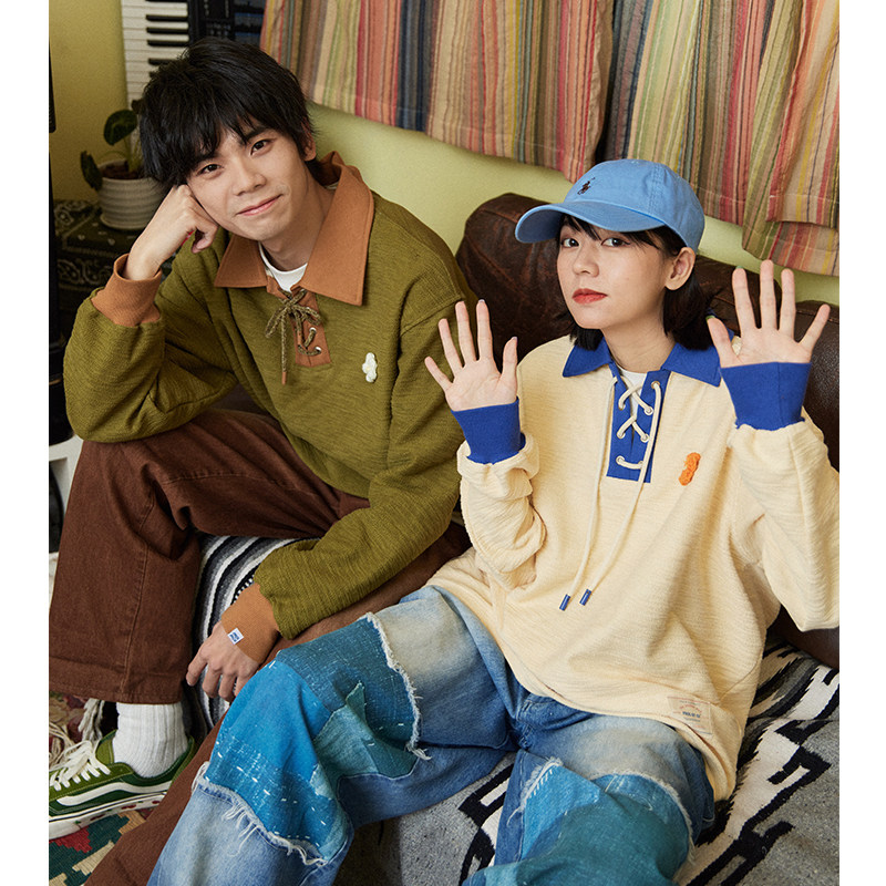 PROS BY CH 原创小花撞色POLO衫情侣款复古半开绑绳设计翻领卫衣