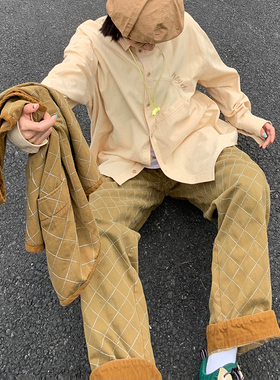 PROS BY CH日系复古菱形格子渔网航线套色牛仔裤休闲户外直筒裤男