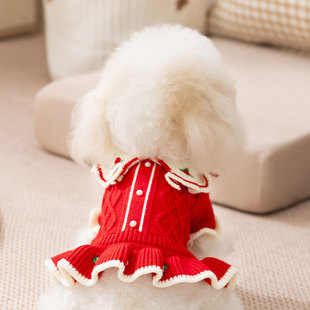 秋冬季 翻领小花刺绣毛衣裙小型犬比熊泰迪两脚套头毛衣连衣裙 新品