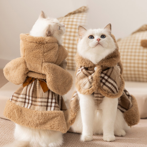 猫咪蝴蝶结格子棉衣裙