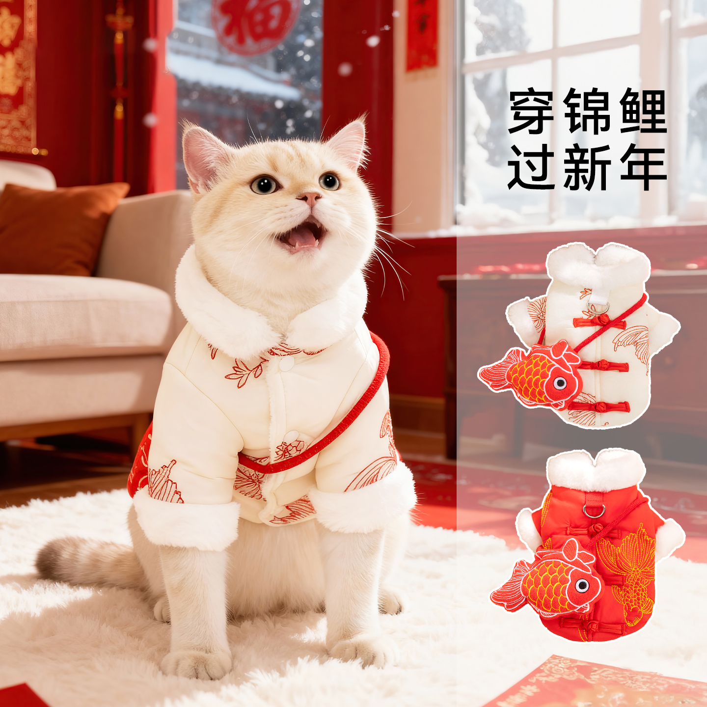 新年鱼跃龙门唐装马甲棉衣秋冬加绒保暖猫衣服德文猫狗狗宠物衣服