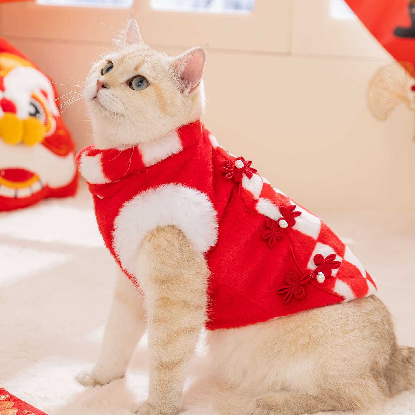 宠物衣服秋冬棋盘格兔毛拼接新年棉衣过年喜庆保暖小型幼犬猫衣服