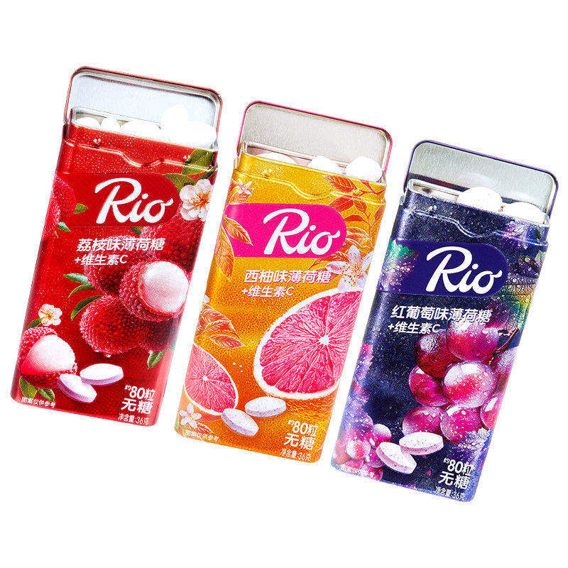Rio薄荷糖维C无糖红葡萄水果味清新口气休闲清凉糖零食铁盒装糖果