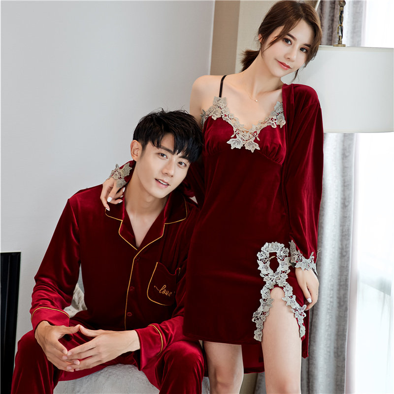 情侣睡衣女秋冬新款春秋金丝绒性感睡裙两件套红色结婚男新婚晨袍