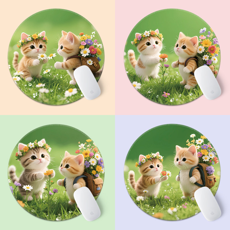 小号圆形鼠标垫绿色可爱卡通小猫女生笔记电脑办公键盘垫家用定制