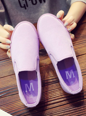 2025春季情侣帆布鞋女鞋平底小白鞋一脚蹬懒人休闲布鞋紫色女鞋潮