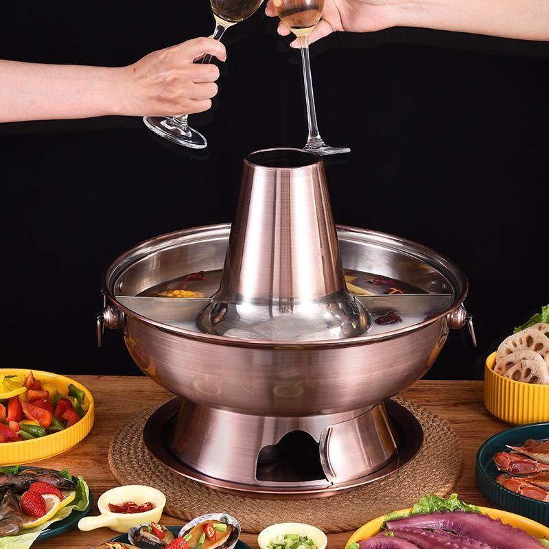 老北京火锅炉鸳鸯款仿铜木炭家用涮羊肉老式紫铜锅不锈钢炭电两用