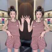 宽松韩版 家居女夏新款 甜美小猫家居服可外穿 条纹甜美吊带无袖 时尚