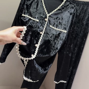 家居服 韩版 欧洲站高级感小香风金丝绒睡衣秋冬大码 宽松洋气质开衫