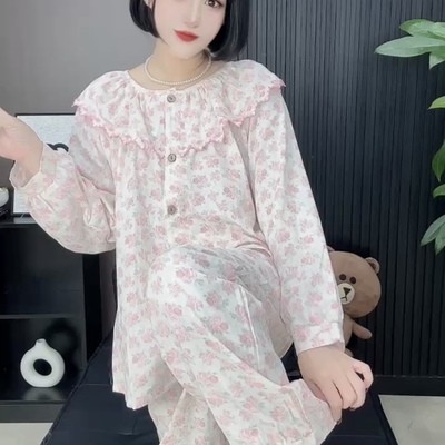 甜美荷叶边韩版碎花长袖睡衣