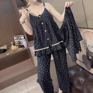 家居服可外穿 甜美韩版 碎花带胸垫吊带睡衣三件套夏季 大码 宽松无袖