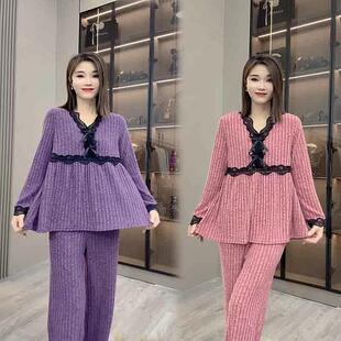 甜美V领蕾丝拼接加绒睡衣女秋冬网红宽松大码 舒适宽松家居服套装