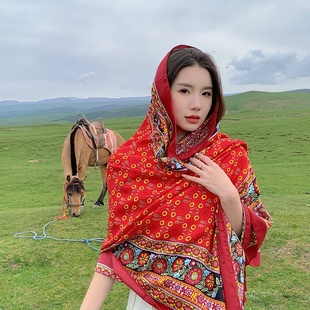 云南丽江旅游围巾沙漠丝巾民族风纱巾沙滩 红色防晒披肩女夏薄款
