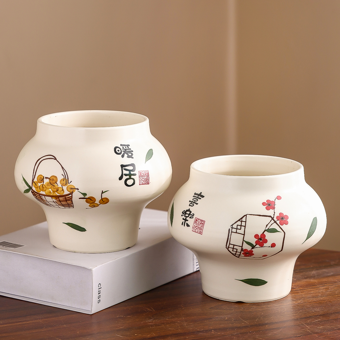 奶油风简约陶瓷花盆创意轻奢高级感蝴蝶兰绿植盆栽桌面透气花器