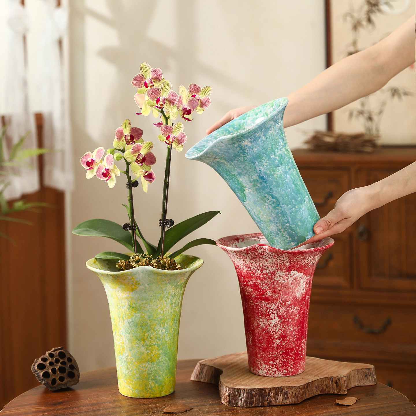 复古禅意陶瓷花盆高档简约荷叶边家用室内装饰摆件蝴蝶兰专用盆栽,鲜花速递/花卉仿真/绿植园艺,花盆,淘宝优惠券,粉丝福利购,淘宝优惠卷