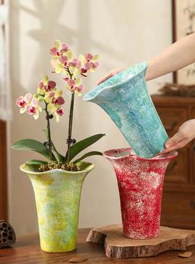 复古禅意陶瓷花盆高档简约荷叶边家用室内装饰摆件蝴蝶兰专用盆栽