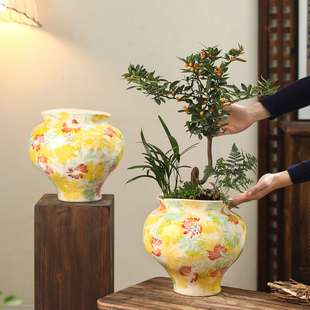 新中式异形陶瓷花盆手绘轻奢高级感北美冬青红果兰花三角梅专用盆