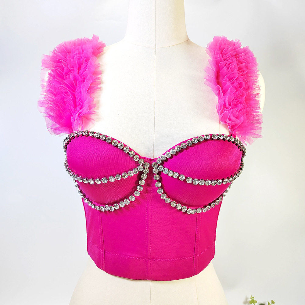 清新甜美风鱼骨吊带背心外穿内搭可爱荷叶边肩带可卸钉珠抹胸