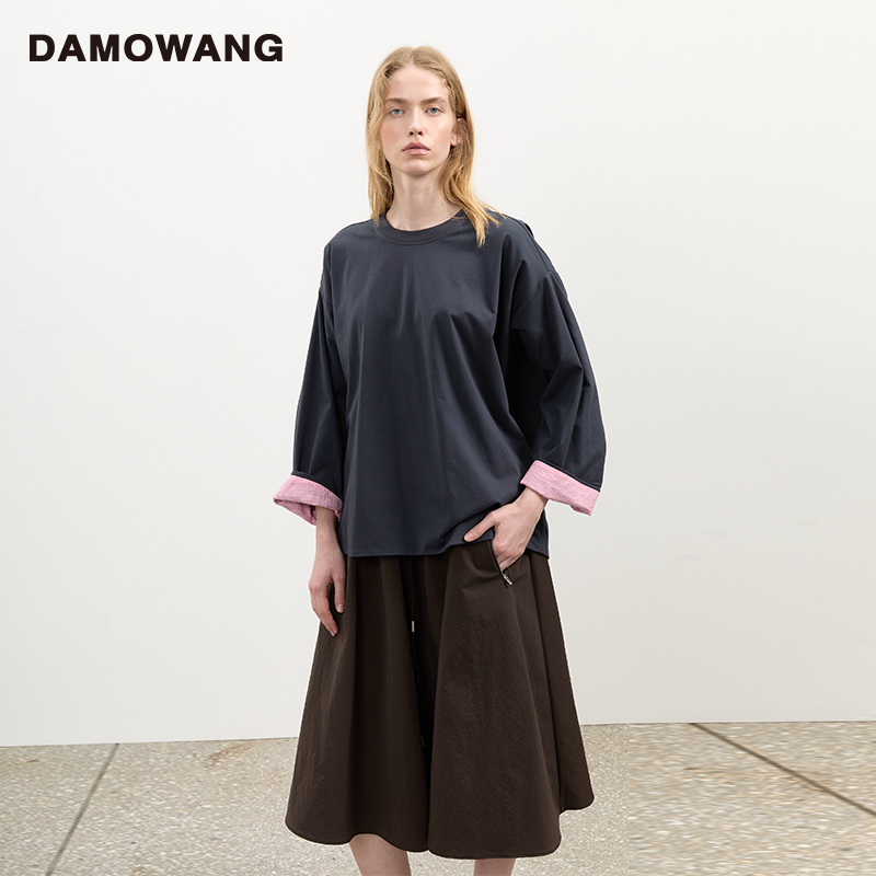 DAMOWANG 2025秋冬新款简约拼色双层长袖T恤宽松慵懒圆领上衣女