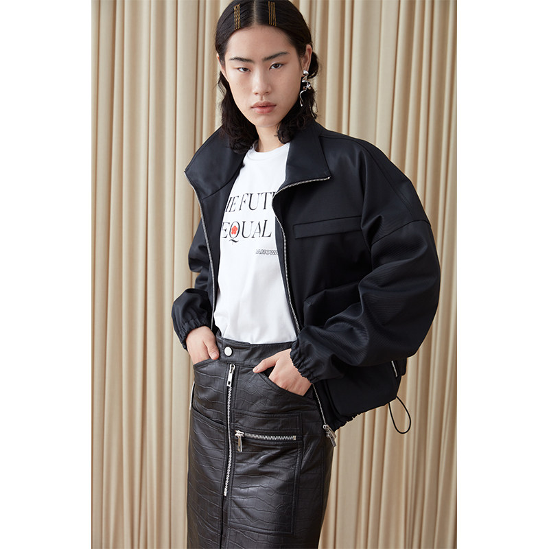 DAMOWANG 秋冬复古黑色飞行员夹克女士短外套风衣机车服上衣