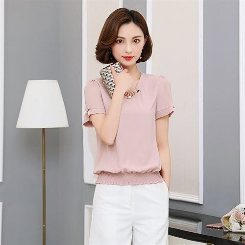 2018新款韩版时尚松紧收腰短袖雪纺衫上衣女夏季纯色修身T恤小衫在类目 女装/女士精品, 蕾丝衫/雪纺衫中 - 来自Buy2taobao.com提供专业的淘宝代购服务