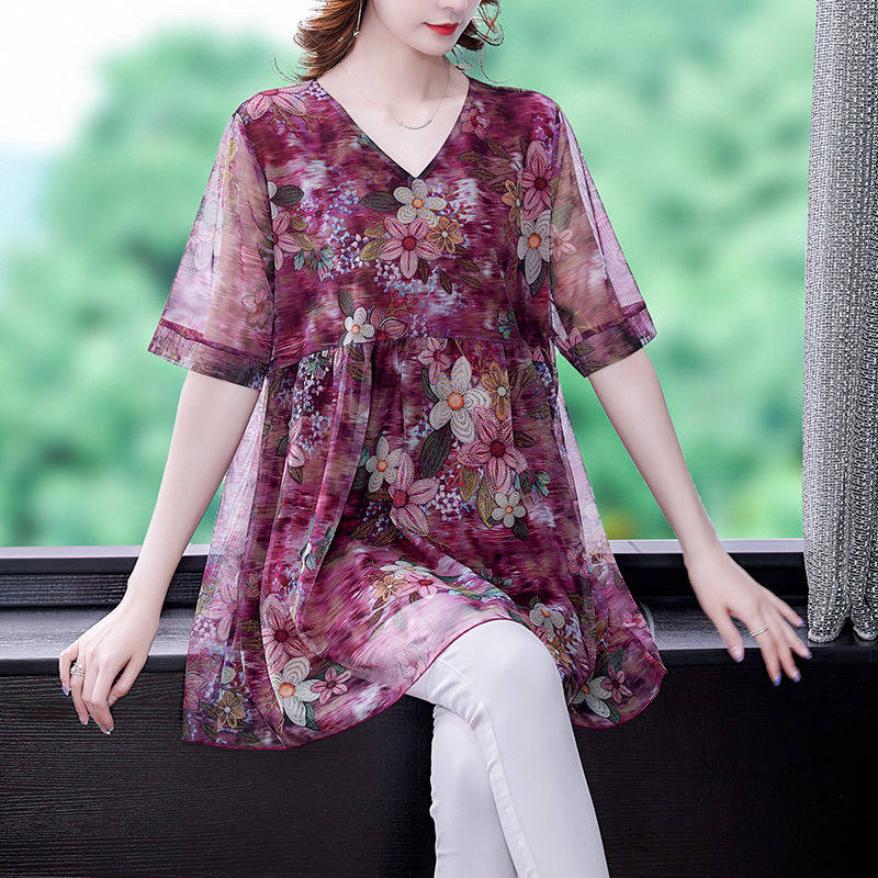 eazm妈妈夏装小衫洋气短袖雪纺网纱印花中年加大码宽松显瘦上衣C在类目 女装/女士精品, 蕾丝衫/雪纺衫中 - 来自Buy2taobao.com提供专业的淘宝代购服务