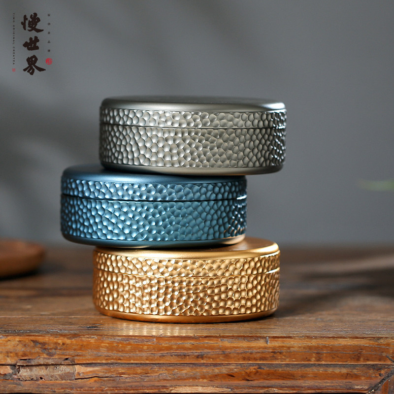 高档锤纹金属小茶饼罐日式茶几茶叶收纳盒储物罐香粉罐便携饰品盒,餐饮具,茶叶罐,淘宝优惠券,粉丝福利购,淘宝优惠卷