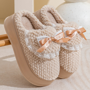 棉拖鞋女士2025新款高跟厚底外穿时尚蝴蝶结防滑保暖冬天毛毛鞋