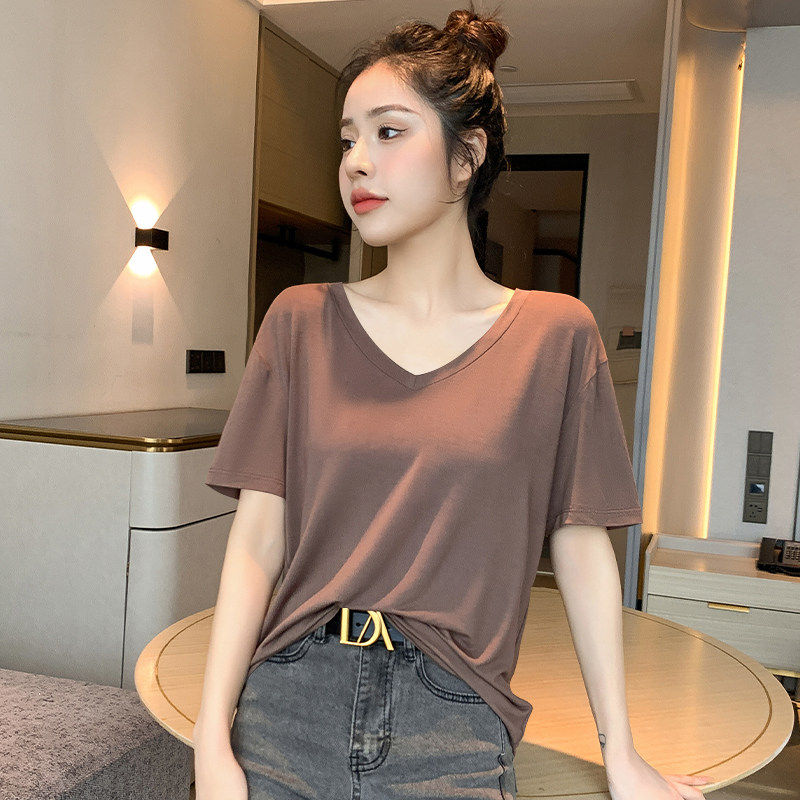 莫代尔中袖面膜T恤女宽松打底衫新款短袖大尺码V领薄款冰丝半袖上