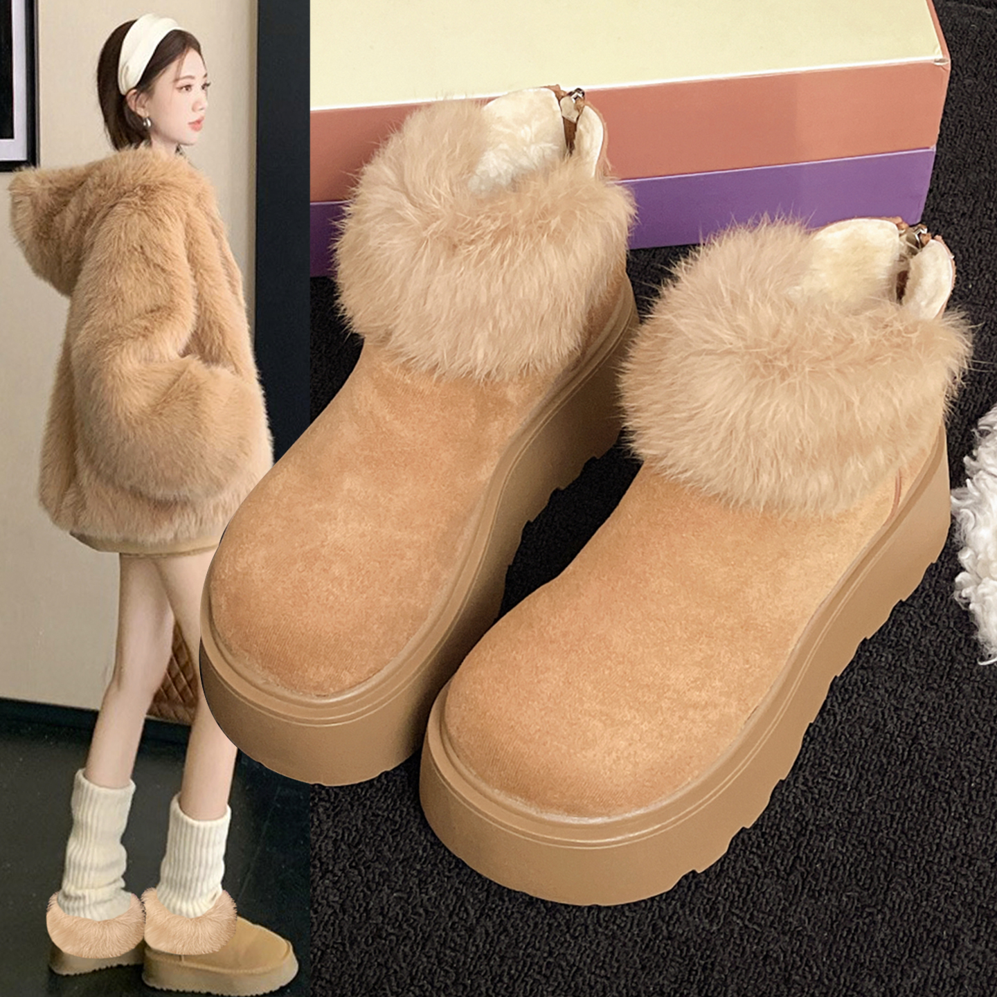优兰意毛毛雪地靴女冬季时尚棉鞋