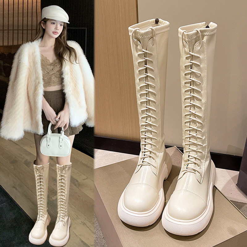 长筒马丁靴女2024新款秋冬季厚底骑士靴高筒小个子弹力显瘦长靴子