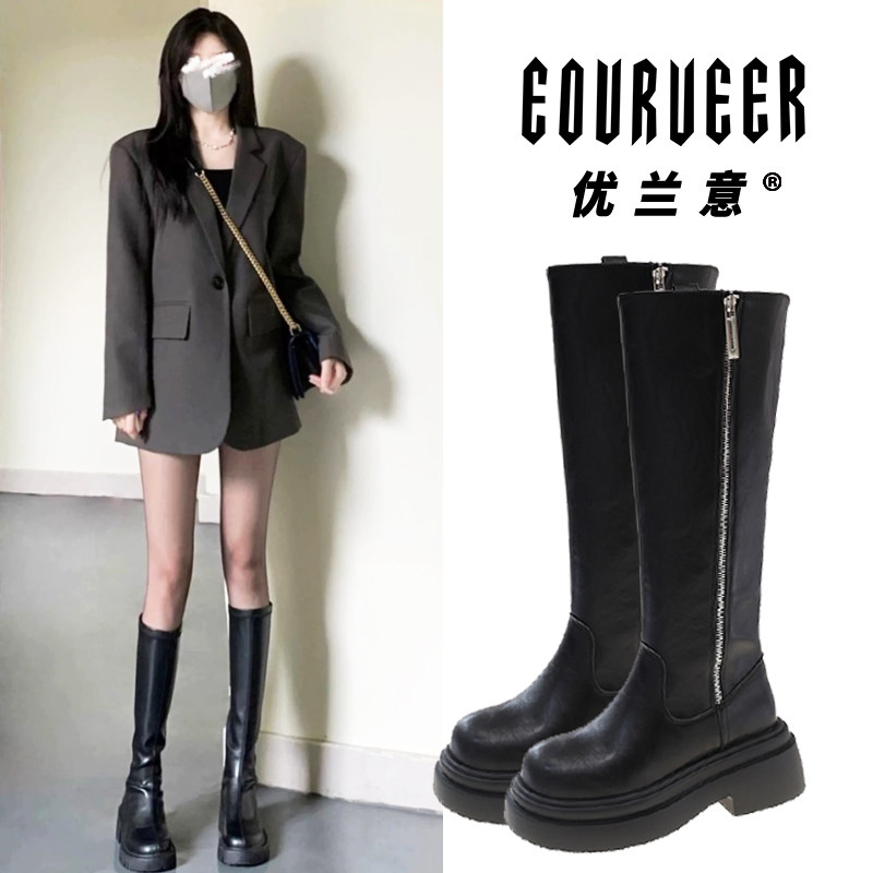 不过膝厚底长靴女2025秋冬季新款加绒保暖长筒马丁靴高筒骑士靴子