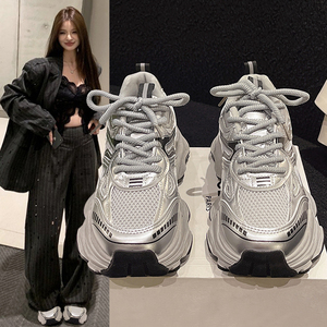 银色老爹鞋女2026年春季新款松糕厚底休闲运动鞋透气网面跑步鞋子