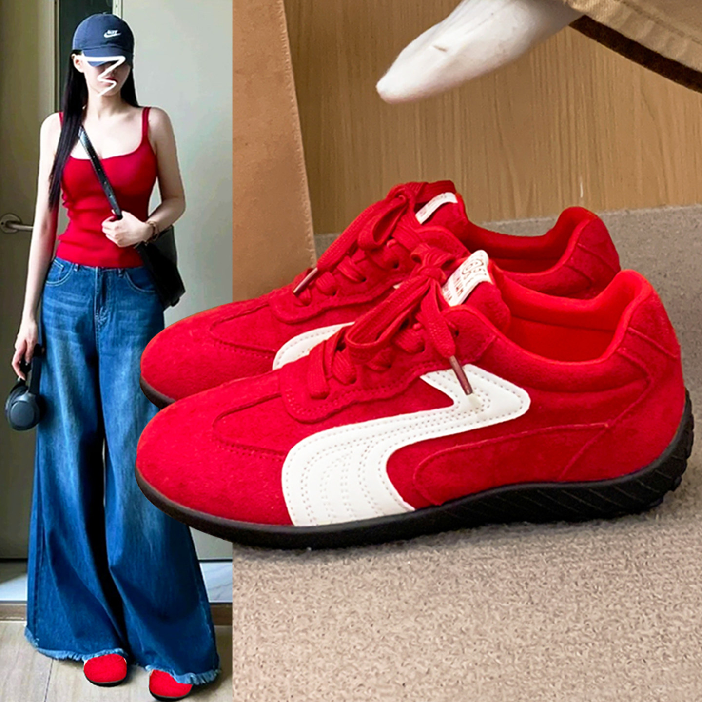 红色厚底德训鞋女2026春夏季新款复古休闲运动鞋系带平底学生板鞋