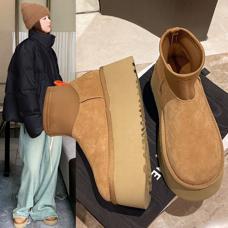 厚底增高弹力收口毛毛短靴女雪地靴冬季2025新款加厚保暖东北棉靴