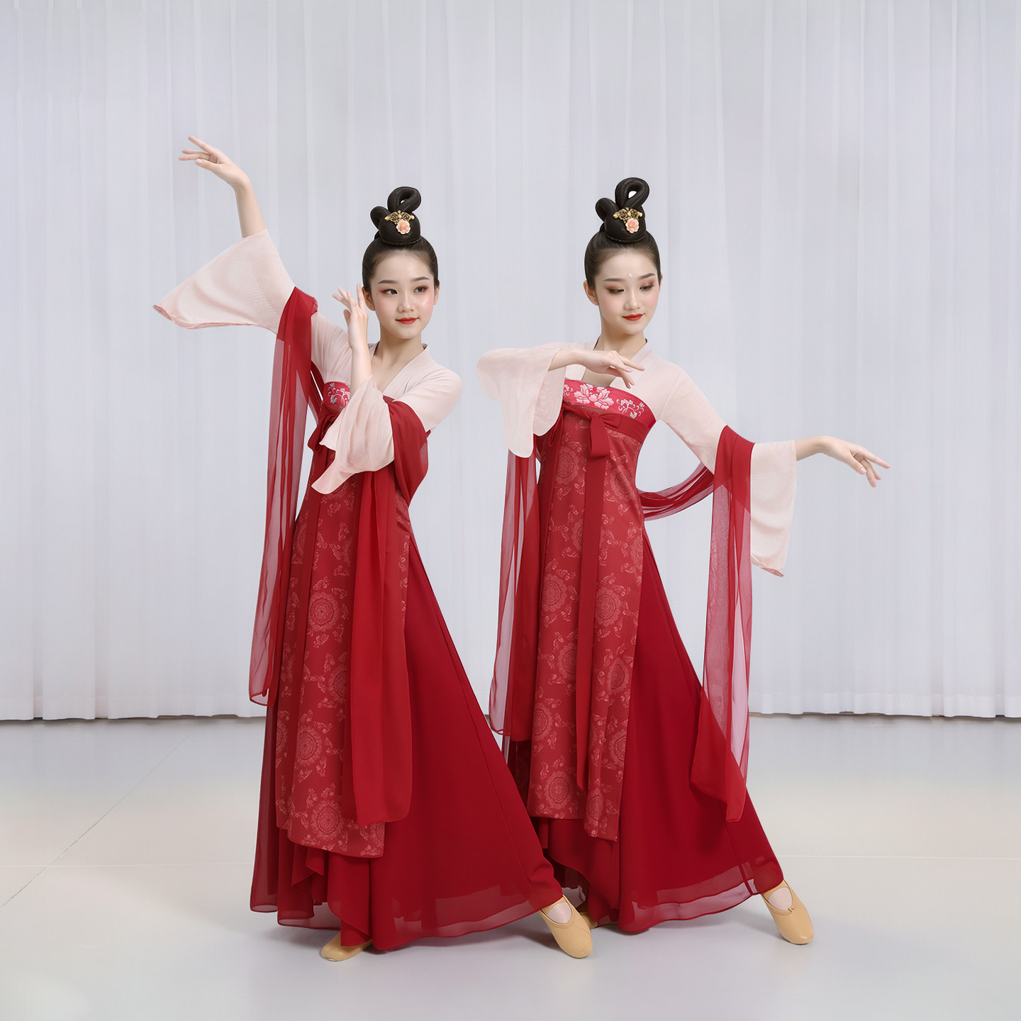 女童古典舞演出服汉唐风丽人行忆红妆扇舞仙气飘逸齐胸红色舞蹈服