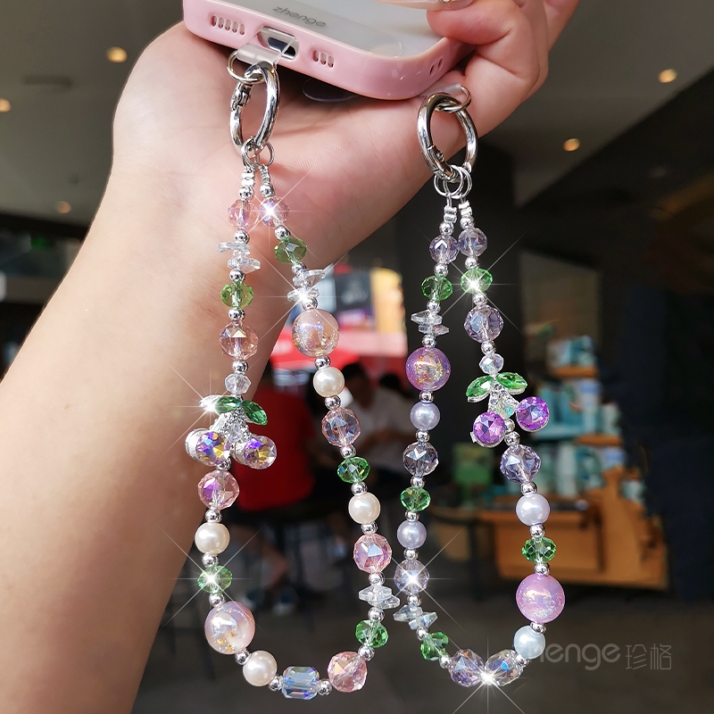 绿叶樱桃水晶珠手机链ins女挂饰