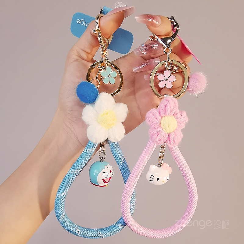 虹客手机挂绳女秋冬季便携卡通可爱挂件毛线小花编织手腕绳短款户外登山旅游防丢加粗手提链电话套壳吊绳新品